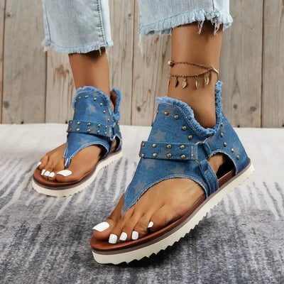 Studded Raw Hem Flat Sandals - Ebony's Shopping