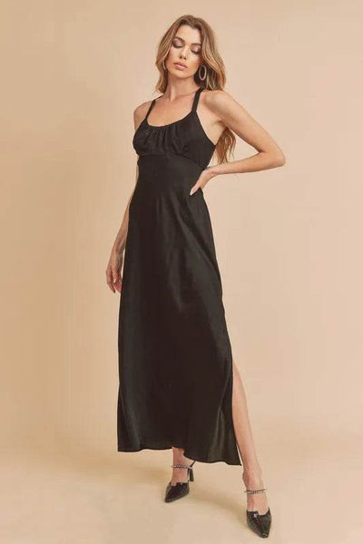 Aemi + Co Ruched Side Slit Cutout Back Maxi Cami Dress - Ebony's Shopping
