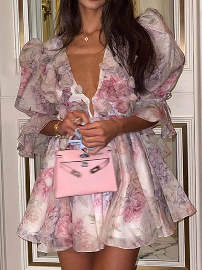 Floral Print Ruffled Mini Dress with Deep V-Neck - Ebony's Shopping