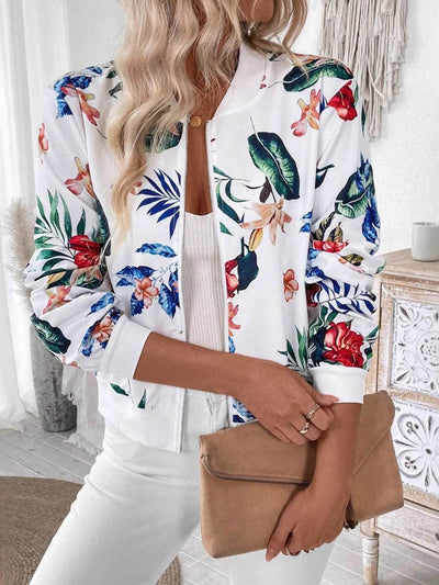 Printed Zip Up Long Sleeve Jacket - Ebony's Shopping