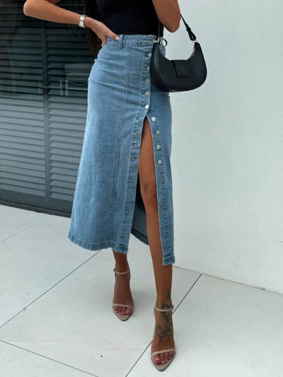 Front Button Slit Midi Denim Skirt - Ebony's Shopping