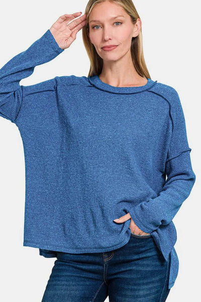 Zenana Full Size Exposed Seam Brushed Round Neck Sweater - Ebony's Shopping