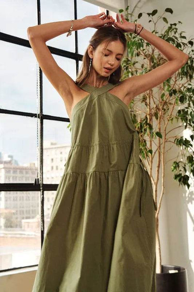 ADORA Crisscross Wide Strap Drawstring Detail Midi Dress - Ebony's Shopping