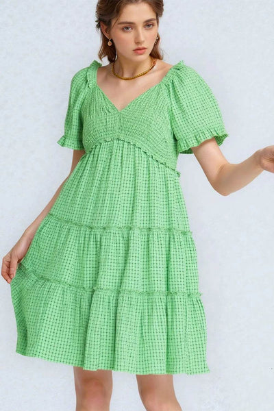 Davi & Dani Jacquard Checker Smocking Tiered Dress - Ebony's Shopping