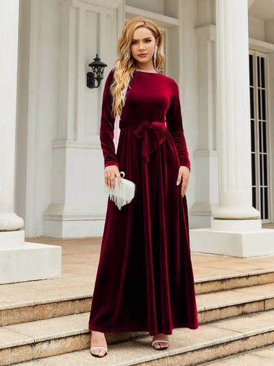 Tie Front Round Neck Long Sleeve Maxi Dress - Ebony's Shopping