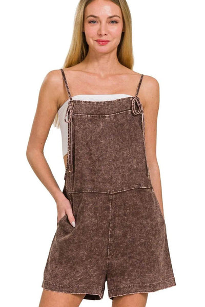 Zenana Washed Linen Knot Strap Rompers - Ebony's Shopping