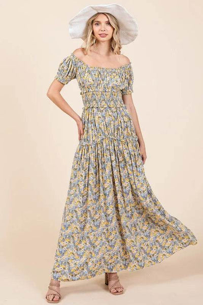 Mittoshop Flower Print Puff Sleeve Gathered Maxi Dress - Ebony's Shopping
