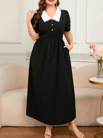 Plus Size Contrast Collar Short Sleeve Dress - Ebony's Shopping