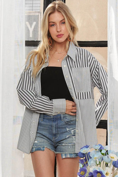 ADORA Button Down Mix Stripe Shirt - Ebony's Shopping
