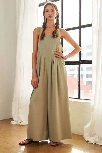 ADORA Square Neck Wide Leg Overalls with Pockets - Ebony's Shopping