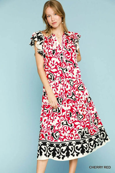 Umgee Printed Ruffled Cap Sleeve Midi Dress - Ebony's Shopping