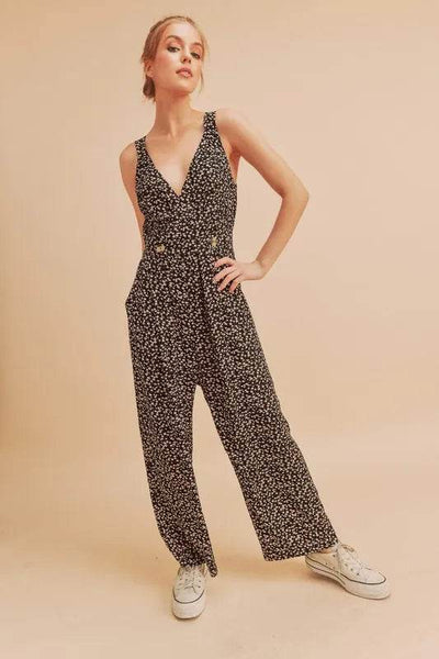 Aemi + Co Ditsy Floral Surplice Sleeveless Wide Leg Jumpsuit - Ebony's Shopping