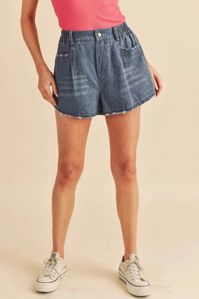 Aemi + Co Frayed Hem Elastic Waist Denim Shorts - Ebony's Shopping