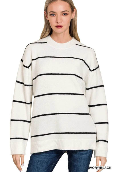 Zenana Round Neck Stripe Sweater - Ebony's Shopping