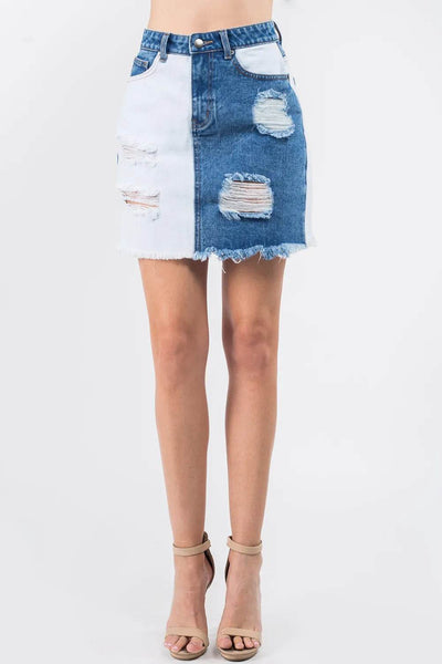 American Bazi Contrast Patched Frayed Denim Distressed Skirts - Ebony's Shopping