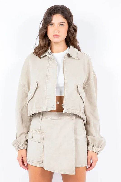American Bazi Drawstring Waist Crop Jacket - Ebony's Shopping