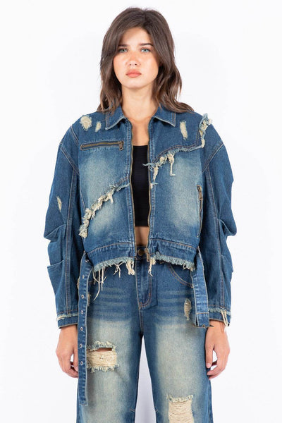 American Bazi Full Size Distressed Frayed Edge Zip Up Denim Jacket Plus Size - Ebony's Shopping