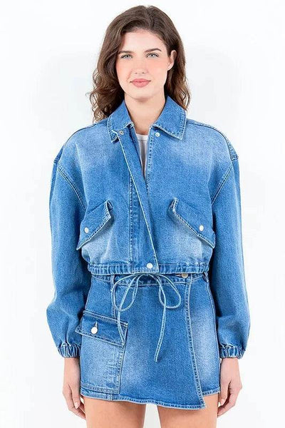 American Bazi Full Size Drop Shoulder Cropped Denim Jacket with Waist Strap Plus Size - Ebony's Shopping