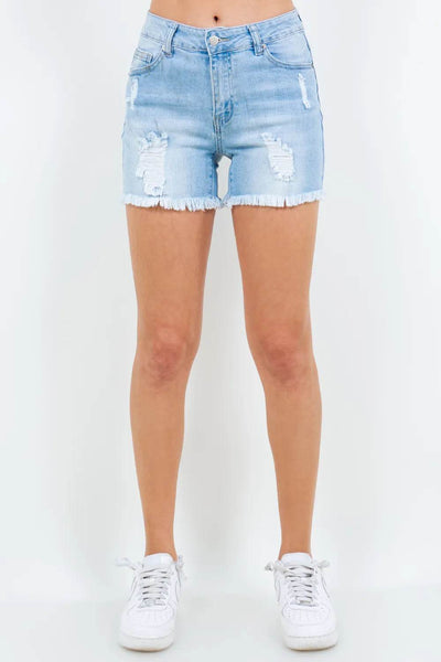 American Bazi High Waist Distressed Frayed Denim Shorts - Ebony's Shopping