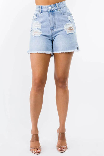 American Bazi High Waist Distressed Raw Hem Denim Shorts - Ebony's Shopping
