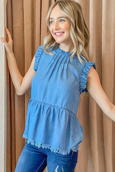 And The Why Chambray Ruffle Sleeveless Top - Ebony's Shopping