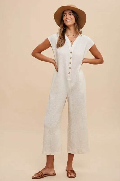 Annie Wear Button Detail Wide Leg Jumpsuit with Pockets - Ebony's Shopping