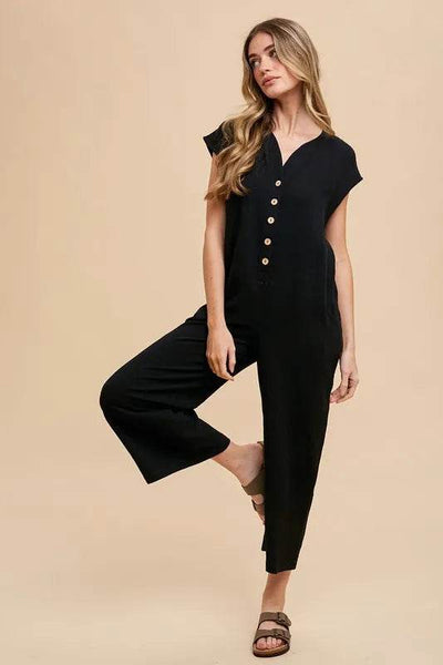 Annie Wear Button Detail Wide Leg Jumpsuit with Pockets - Ebony's Shopping