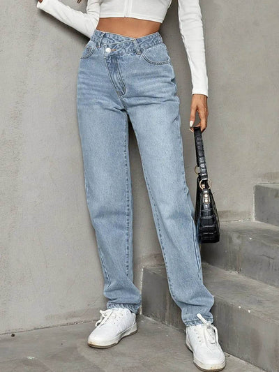 Asymmetrical Waist Straight Leg Jeans - Ebony's Shopping