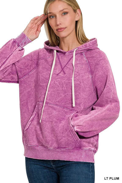 Zenana Acid Wash Fleece Hoodie with Kangaroo Pocket - Ebony's Shopping