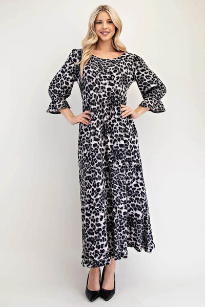 Celeste Full Size Leopard Round Neck Flounce Sleeve Dress - Ebony's Shopping