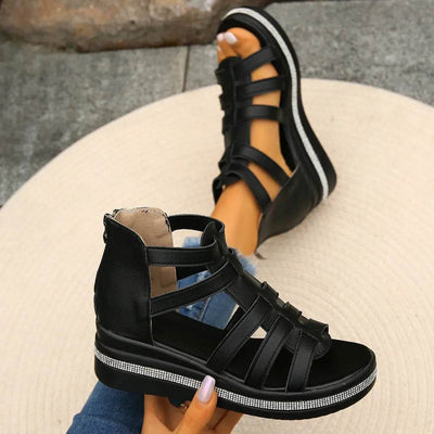 Cutout Rhinestone Trim Wedge Sandals - Ebony's Shopping