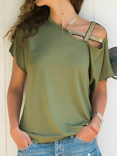 Asymmetrical Neck Short Sleeve T-Shirt - Ebony's Shopping