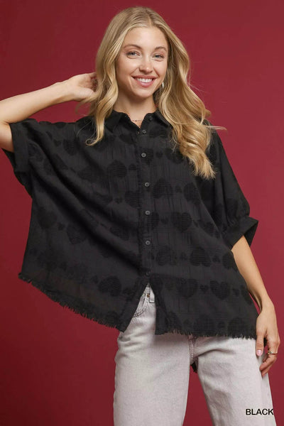 Umgee Jacquard Heart Collared Shirt - Ebony's Shopping