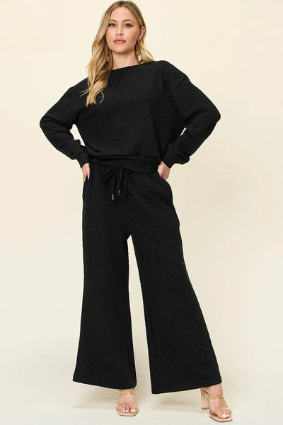 Double Take Full Size Texture Long Sleeve Top and Pants Set - Ebony's Shopping