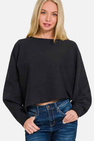 Zenana Asymmetric Hem Long Sleeve Sweater - Ebony's Shopping