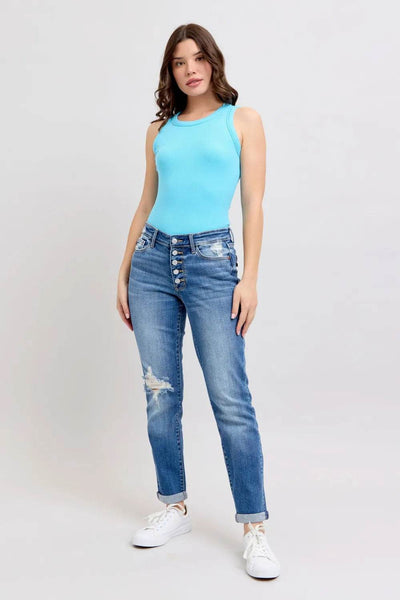 Judy Blue Full Size Button Fly Distressed Jeans with Pockets Plus Size - Ebony's Shopping