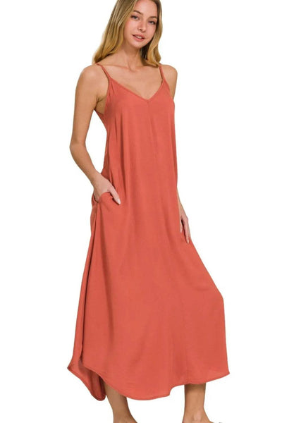 Zenana Woven Arc Hem Cami Midi Dress With Flowy Pockets - Ebony's Shopping