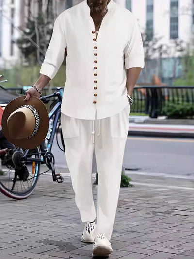 Men's Button Front Long Sleeve Shirt and Pants Set - Ebony's Shopping