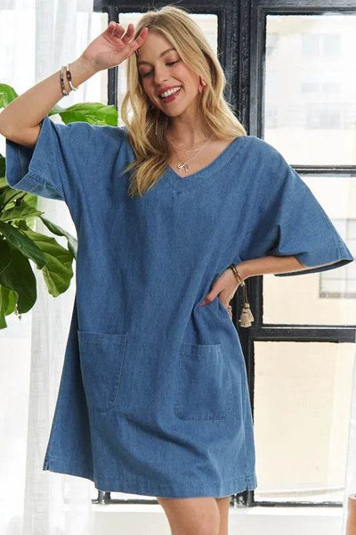 ADORA V-Neck Half Sleeve Mini Denim Dress - Ebony's Shopping