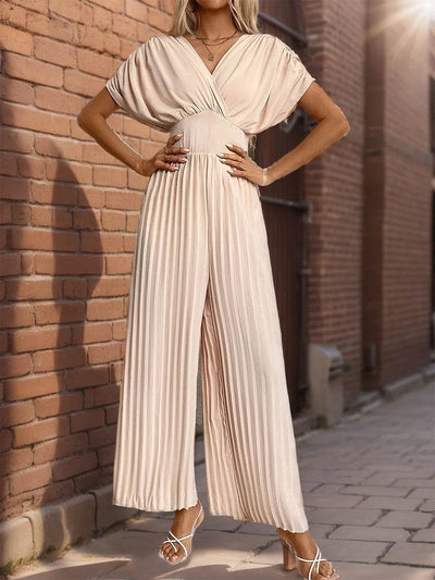Perfee Pleated Short Sleeve Wide Leg Jumpsuit - Ebony's Shopping