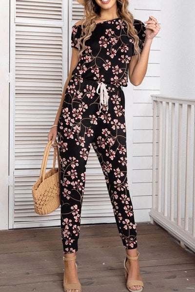 Asymmetrical Neck Short Sleeve Jumpsuit - Ebony's Shopping