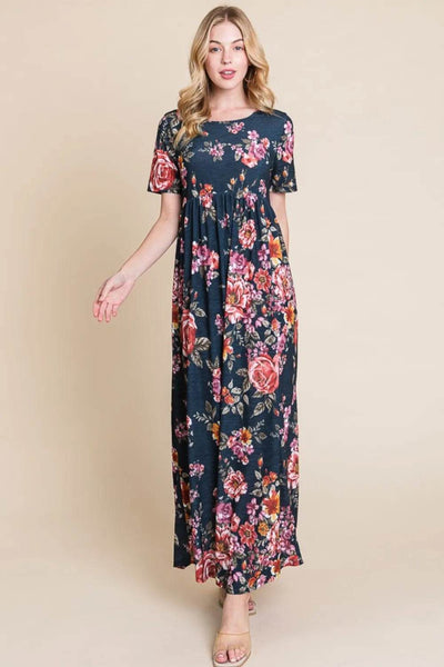 BOMBOM Floral Short Sleeve Maxi Dress - Ebony's Shopping