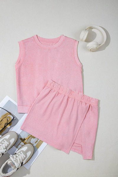 Light Pink 2 Pieces Mineral Wash Cotton Tank Top Lined Split Skirt Set - Ebony's Shopping