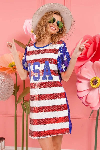 BiBi American Flag Theme Usa Print Sequin Dress - Ebony's Shopping