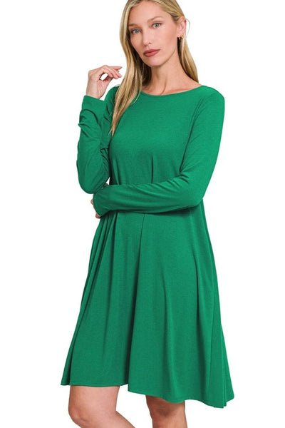 Zenana Long Sleeve Flare Dress With Pockets - Ebony's Shopping