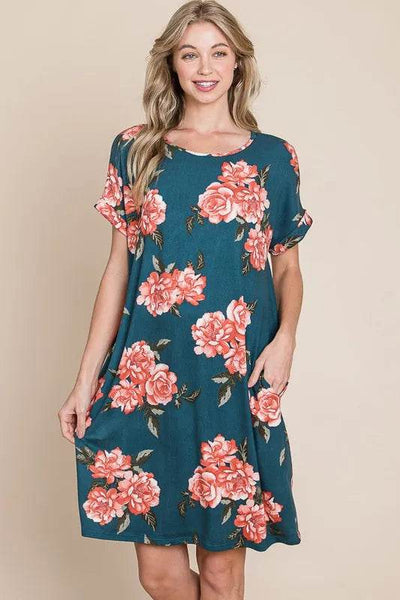 BOMBOM Floral Round Neck Short Tee Dress with Pockets - Ebony's Shopping