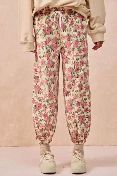 Floral Printed Twill Drawstring Pants With Elastic Band - Ebony's Shopping