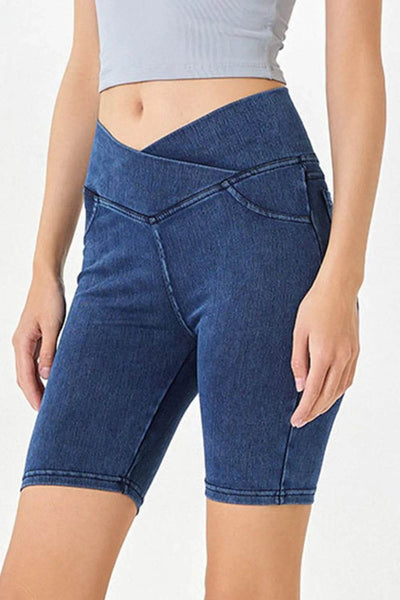 Basic Bae Asymmetrical Waist Denim Shorts with Pockets - Ebony's Shopping