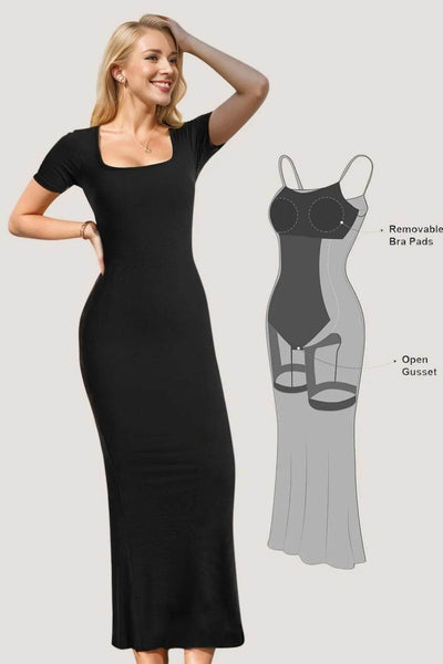 Basic Bae Built-In Shapewear Square Neck Short Sleeve Maxi Dress - Ebony's Shopping