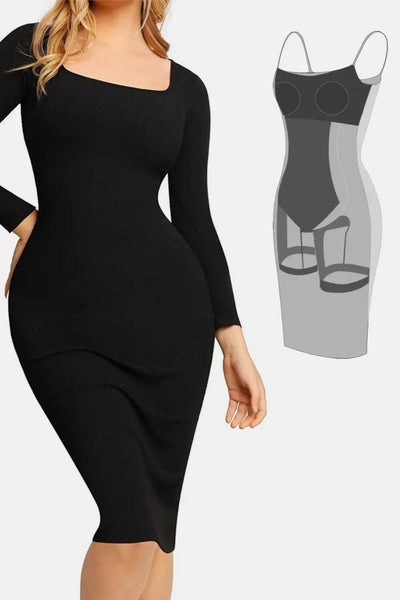 Basic Bae Full Size Built-In Shapewear Square Neck Long Sleeve Dress - Ebony's Shopping